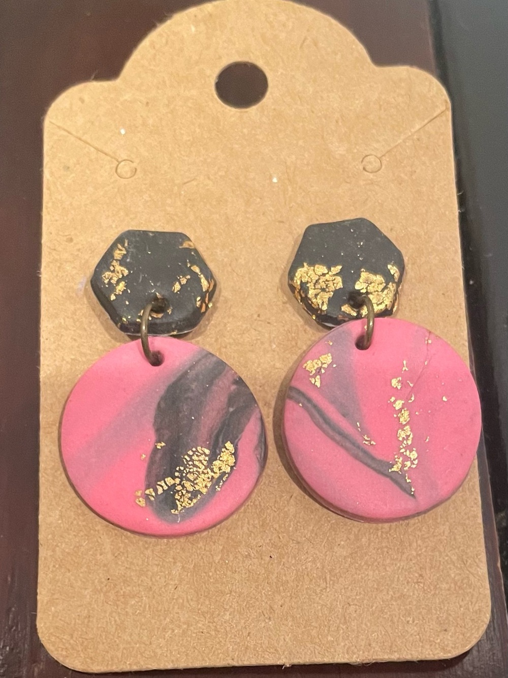 Pink & Black Marbled Drop Earrings with Gold Leaf Accent